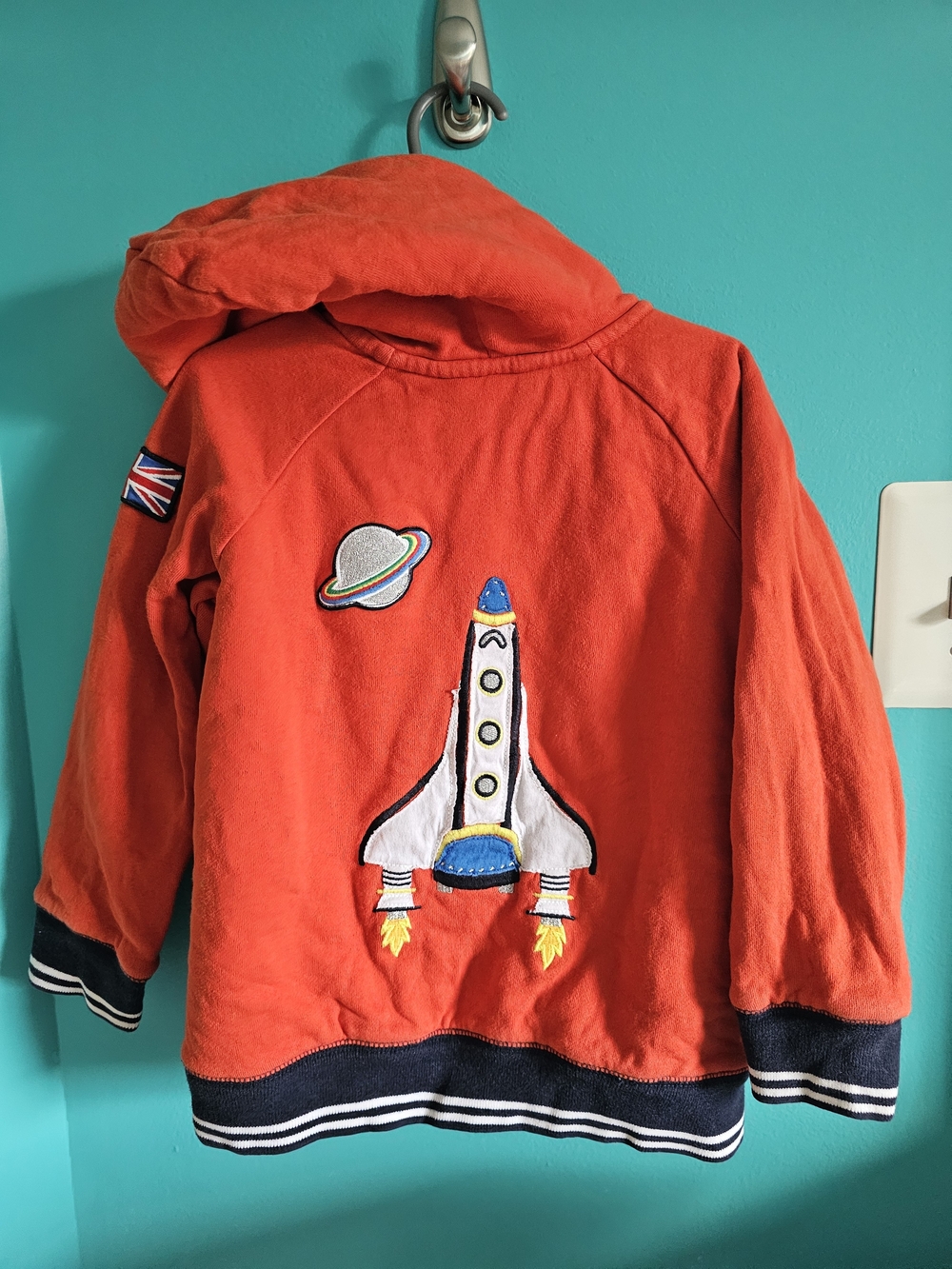 Mini Boden - Bright Orange Sherpa-lined Hooded Jacket with Rocket Appliqué